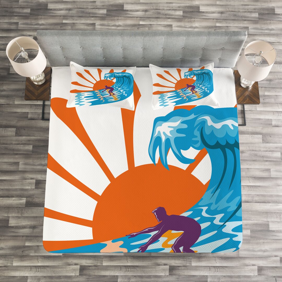 Gestepptes Bettdecken-Set, Hot Strand Vibes Surfer, Sommer, Sky Blau Orange