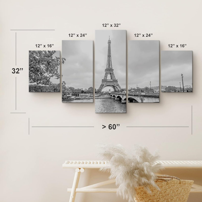 Architecture, Paris, Tour Eiffel, depuis la seine. Cityscape in Black and White Coastal - 5 pièces sur toile tendue