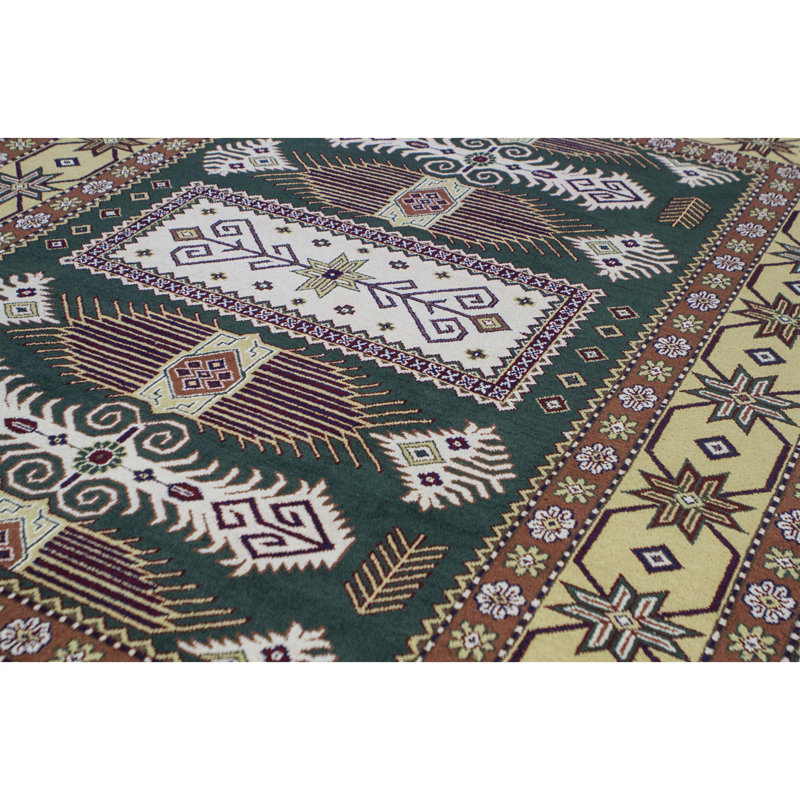 Kazak Wool Oriental Area Rug in Green/Maroon/Brown/White, Rectangle 3'11" x 5'9"