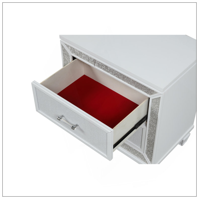 Table de chevet à 2 tiroirs en cristal de style moderne en bois durable avec finition blanche élégante
