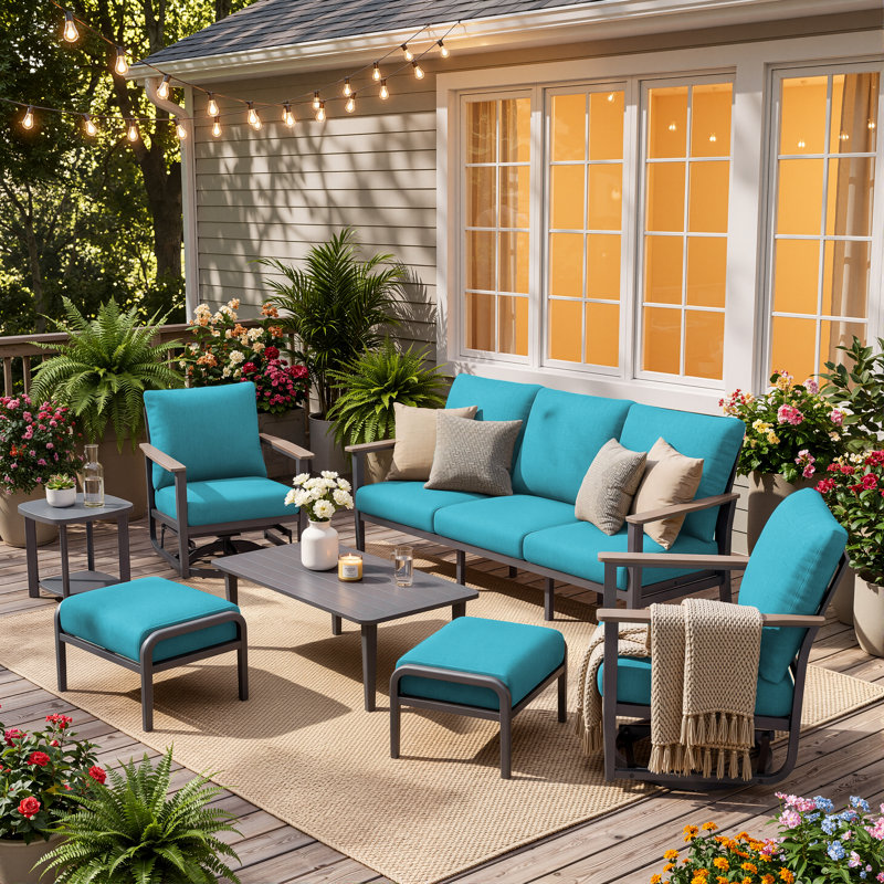 Ensemble de conversation pour patio extérieur 7 personnes avec cadre en aluminium, 2 chaises berçantes pivotantes et poufs