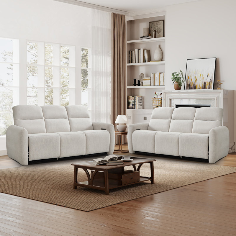 2 - Piece Modern Minimalist Breathable Fabric Power Reclining Living Room Set Couch with Sofas, Beige