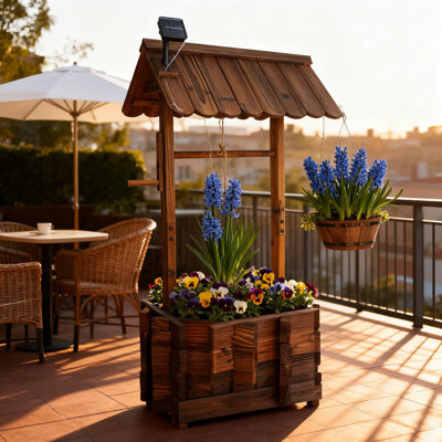 Boîte à fleurs rustique en bois avec lumières DEL pour le jardin, le patio et la cour | Seau suspendu pour arrosoir d'extérieur | Fabrication en bois de sapin avec renforts en fer