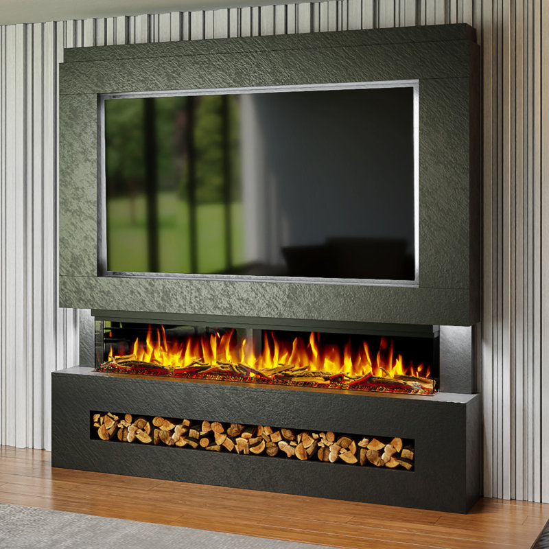 Evolution Fires Pre-Built Media Wall Package 7, finished in textured Venetian Plaster, includes Spectrum Series 72 Series 3-Sided Electric Fireplace