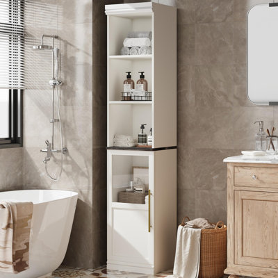 Armoire de rangement de salle de bain blanche de 70 pouces, armoire autoportante avec porte et tablettes ouvertes pour la cuisine