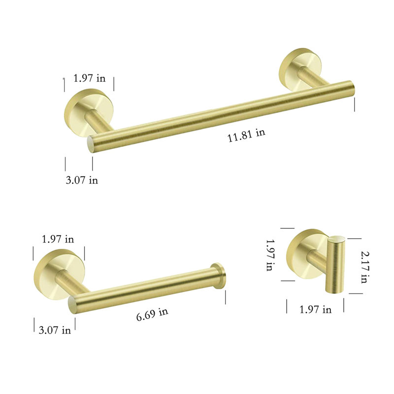 Gold Bathroom Hardware 3 - Sus304 Stainless Steel. Rustproof Bath Accessories. Towel Bar, Toilet Paper Holder, Robe Hook. Modern Round Shape With Scratch- Finish. Easy Installation Included Mounting