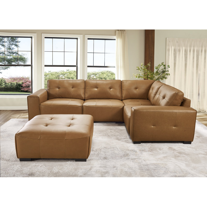 Modular Leather Sectional with Ottoman, Large 5 Seats Tufted Cushion, Brown  Faux Leather