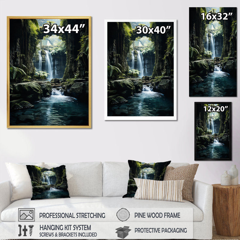 «Brinlie Waterfall Hidden Oasis II», reproduction sur toile, Cadre simple blanc, H 20 po x l 12 po x P 1 po