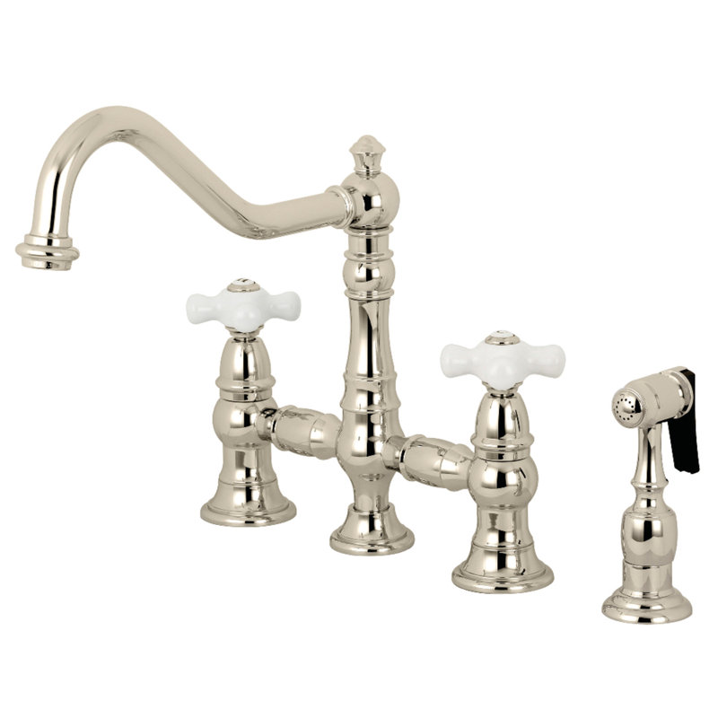 Kingston Brass Restoration Two-Handle 4-Hole Deck Mount Bridge Kitchen Faucet with Brass Side Sprayer, Polished Nickel