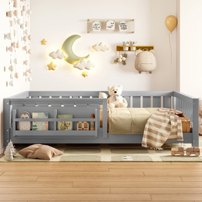 Full Bed with Built-in Bookshelf, Safety Guardrail & Low-Profile Floor Design,Gray