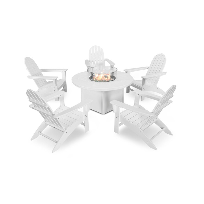 POLYWOOD Vineyard Adirondack 6-Piece Chat Set with Fire Pit Table, White