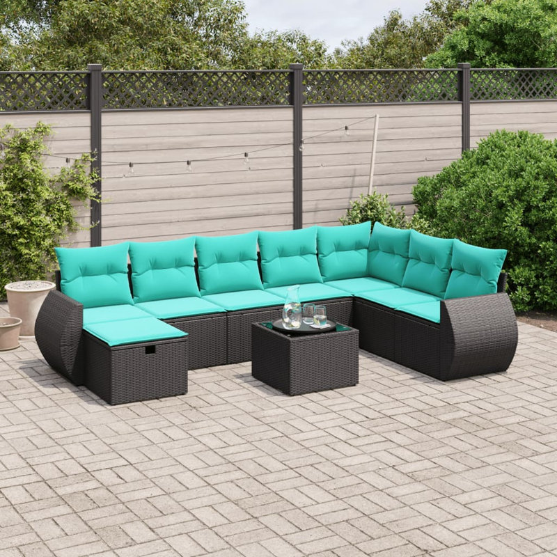  Ensemble de canapé de patio 9 pièces avec coussins en rotin de polyester brun, Bleu clair, Noir