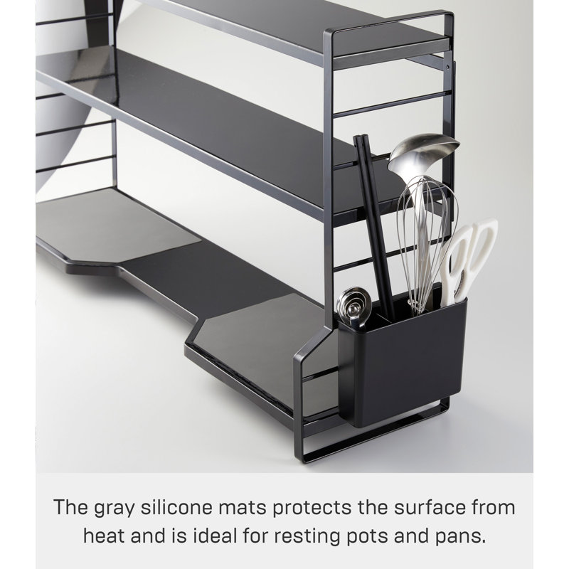 Modern Black Steel Countertop Kitchen Shelf with Gray Trivet Pads