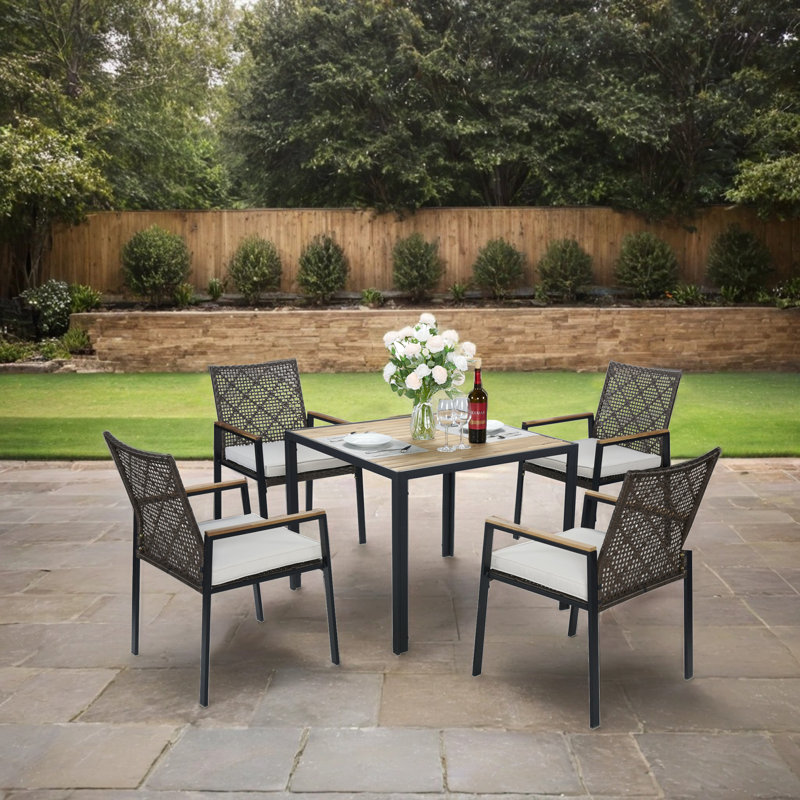 5-Piece Patio Dining Table Sets with Umbrella Hole for garden, backyard and lawn, Black, Beige