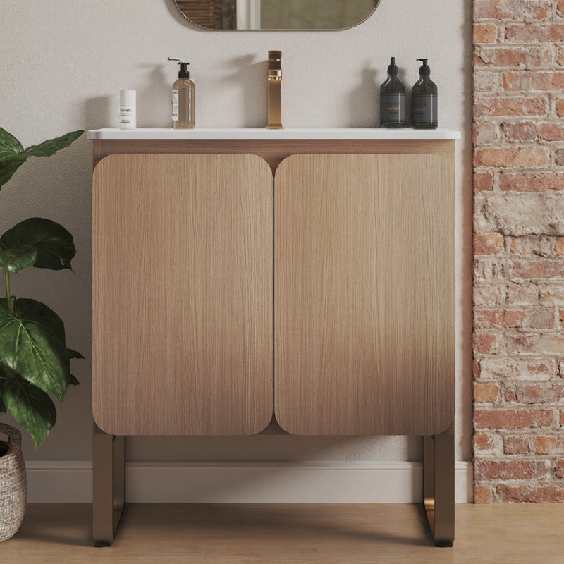 30" Light Oak Bath Vanity with Ceramic Sink - Soft Closing Doors, Modern Freestanding/Wall Mount Design