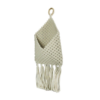 Bohemian hand-tied natural off-white cotton cord macrame envelope wall pocket with wooden ring hanger — 21.25 in. H x 8.5 in. L x 0.75 in. D