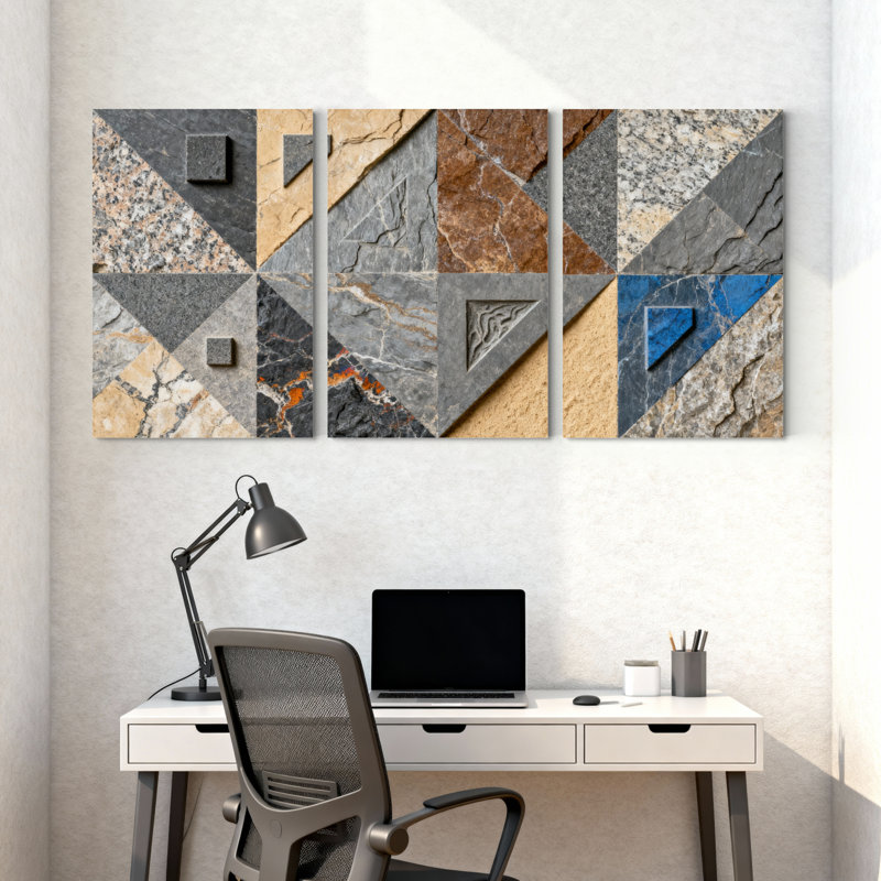 Ensemble de 3 tableaux abstraits sur toile tendue, motif marbre géométrique, H 18 po x l 36 po