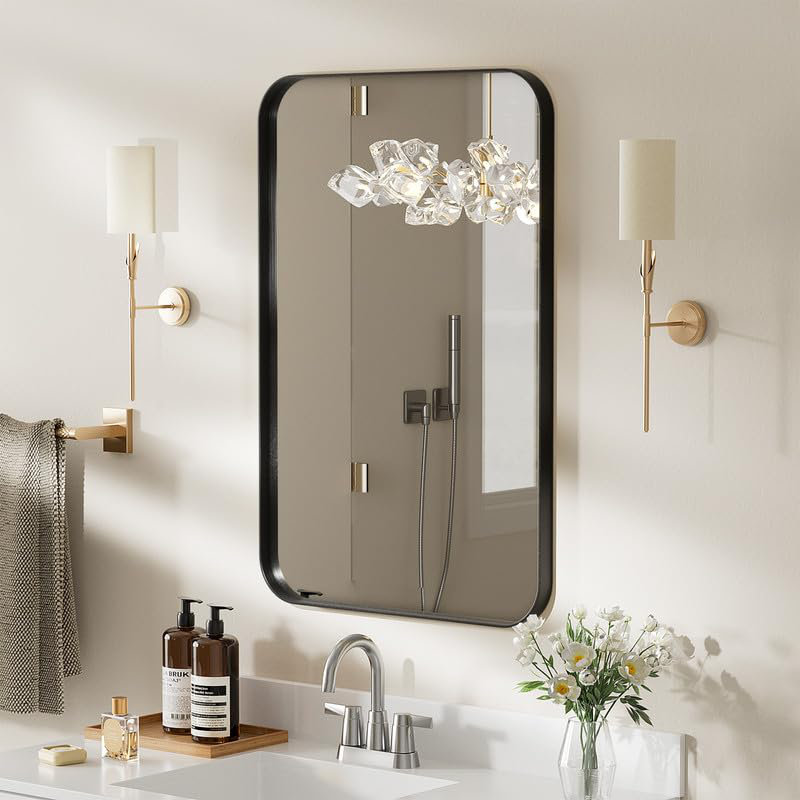 Cozy Design Tempered Glass Framed Wall-Mounted Bathroom Vanity Mirror, 36" x 28", Black, Rectangle