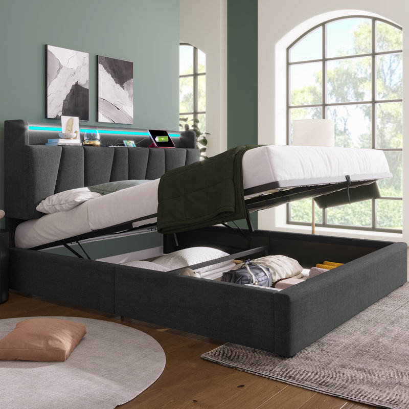  Estella Grey Linen Upholstered 5Ft King Size Ottoman Bed (150 X 200 Cm) With USB Charging Function, Storage Headboard And LED Lighting Wooden Slatted Frame (No Mattress)