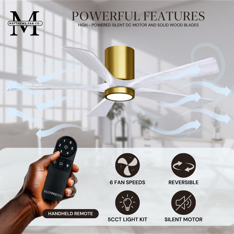Irene Flushmount Light Kit 5 Blade LED Ceiling Fan, Brushed Brass, Matte White, 52"