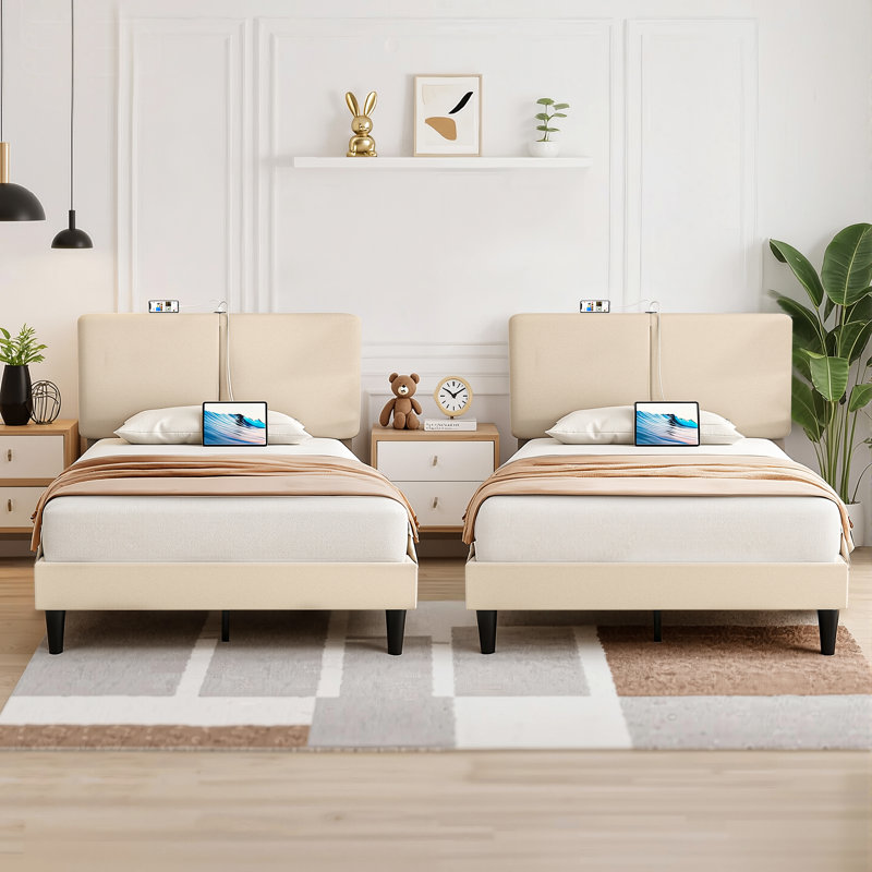  Set Of 2 Twin Size Beds Frame With Charging Stations Upholstered Headboard 2 USB Ports Wood Slats Support Platform Bed No Box Spring Required,Beige