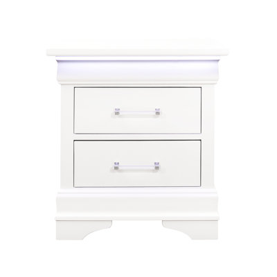 2 Drawer Nightstand With Spacious Construction - Led White Solid Wood + Bedside Table Interior