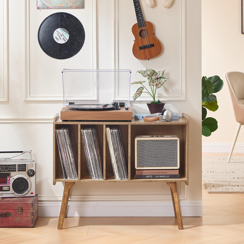 Record Player Stand with 4 Cabinet Holds Up to 220 Albums, Large Turntable Stand with Beech Wood Legs, Mid-Century Record Player Table (Oak)