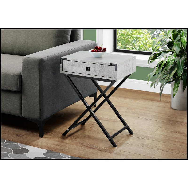 Table d'appoint contemporaine en stratifié gris avec tiroir de rangement et pieds en X en métal noir, pour le salon et la chambre à coucher