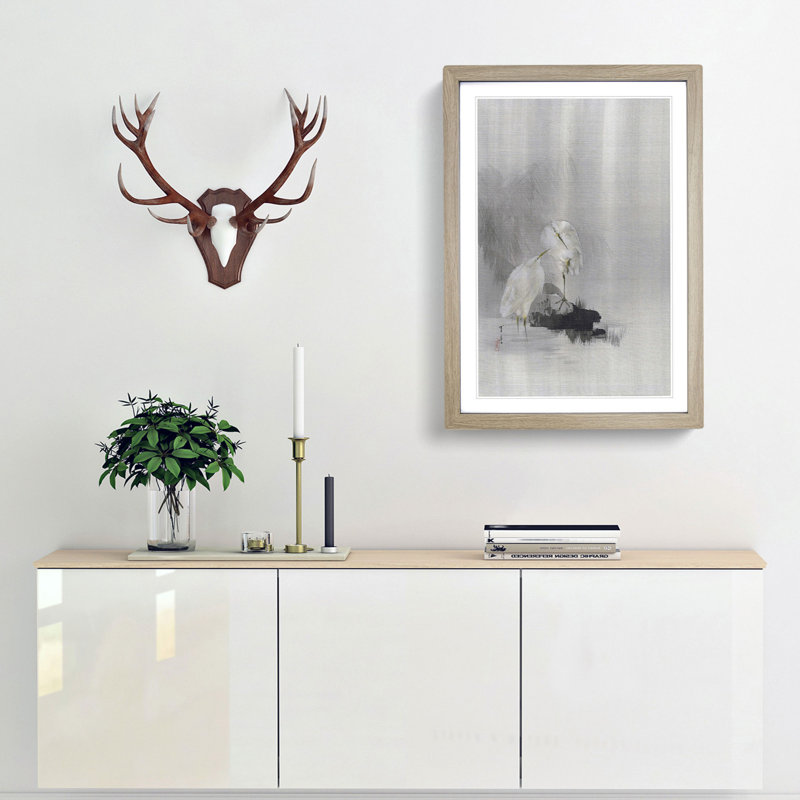 Egrets at the Waters Edge by Watanabe Seitei - Picture Frame Painting Print, 36cm H x 27cm W x 2cm D, Oak Framed