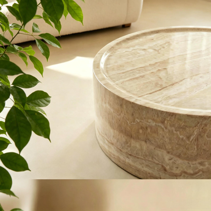 Table basse ronde 31,5 po en fibre de verre, centre de table moderne en marbre, H 12 po x L 31,5 po x l 31,5 po