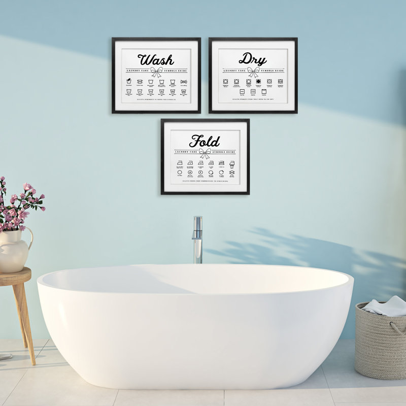 «Wash Laundry Symbols Bow Accent», ensemble de 3 impressions encadrées sous verre, H 13 po x l 48 po, Cadre noir minuit