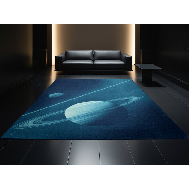 Soft Plush Hewson Exoplanet Illustration Modern & Contemporary Striped Area Rug in Blue – Navy Binding, 7x10
