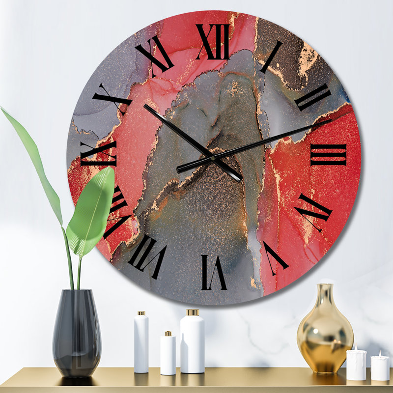 Gris et rouge, art abstrait fluide de luxe - horloge murale moderne, Petit