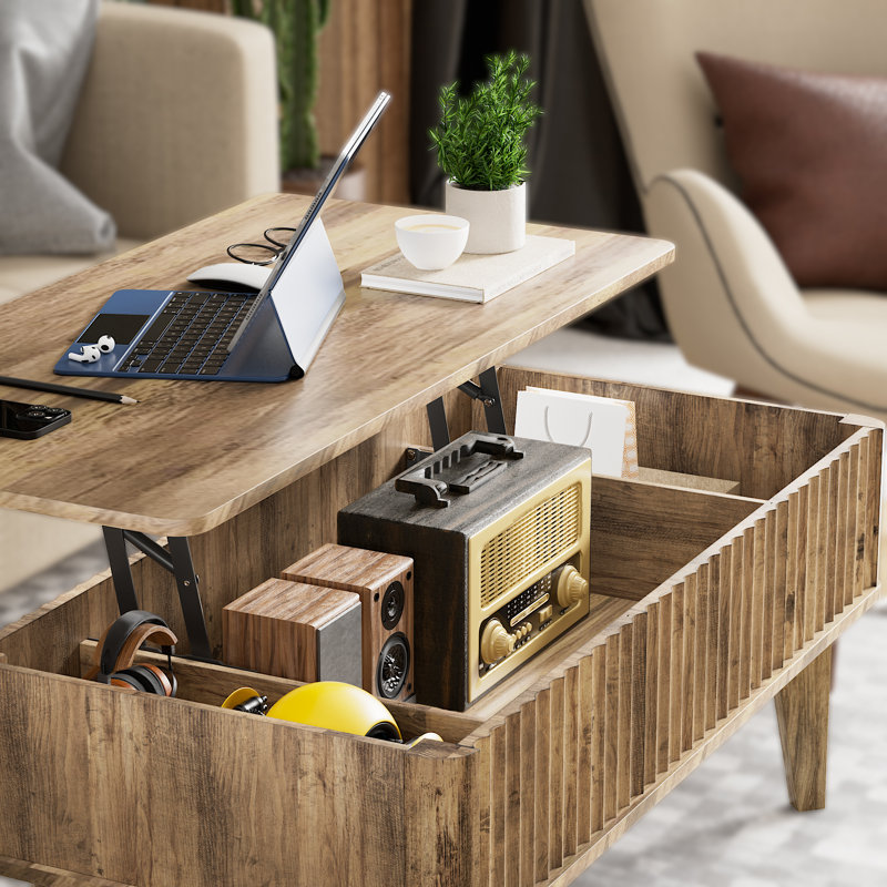 Table basse à plateau relevable avec plateau relevable et compartiment de rangement dissimulé