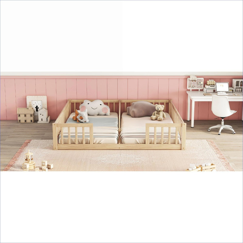 Minimalistic Solid Pine Double Twin Floor Bed Frame With Surround Guardrails For Shared Bedroom Use, Light Natural