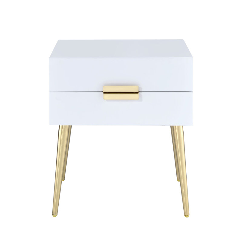Table de bout rectangulaire en bois avec 2 tiroirs au fini blanc et or