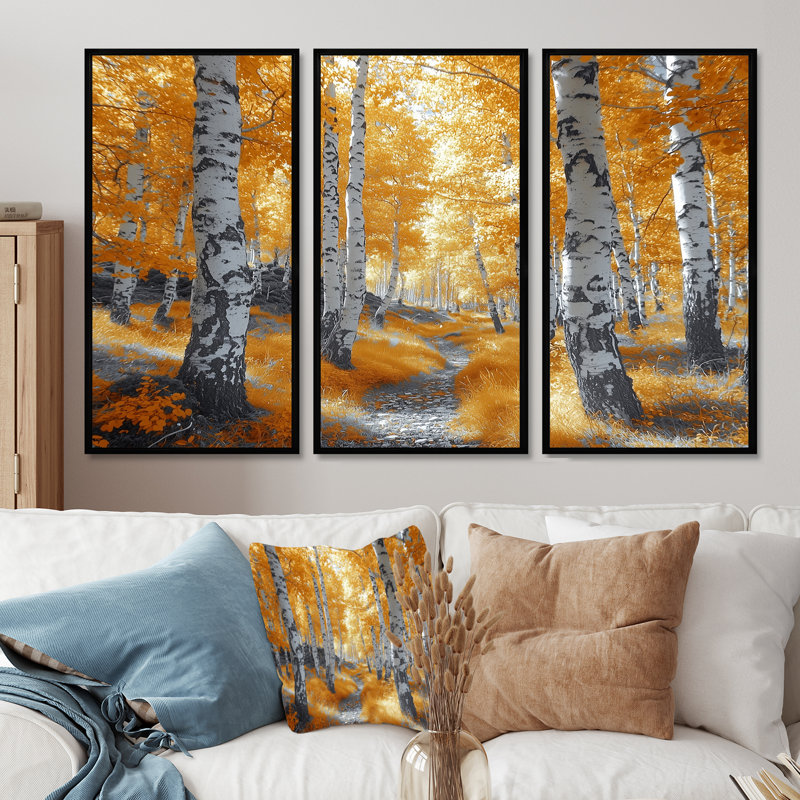 Autumn Birch Trees Forest Path Panorama III - ensemble de salon d'art mural forêt, H 28 po x l 36 po x P 1 po