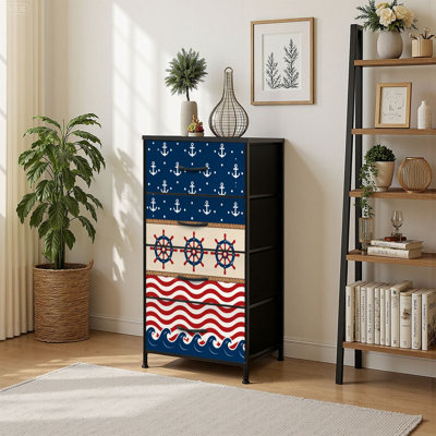 4 Drawer Vertical Storage Dresser Nautical Themed Anchors Ship Wheels Ocean Waves Red Blue Beige with Wood Top Fabric Pull Drawers