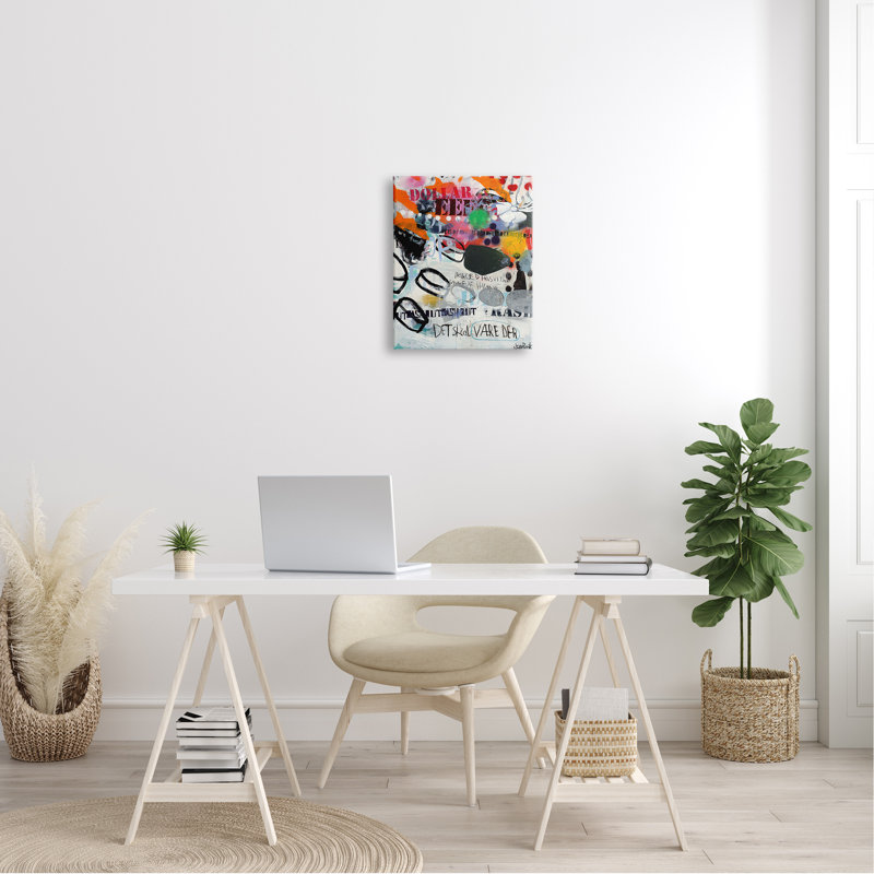 «Bold Stoch», graffiti, texte, collage, motifs dynamiques, art par Incado, L 16 po x H 20 po, Toile tendue