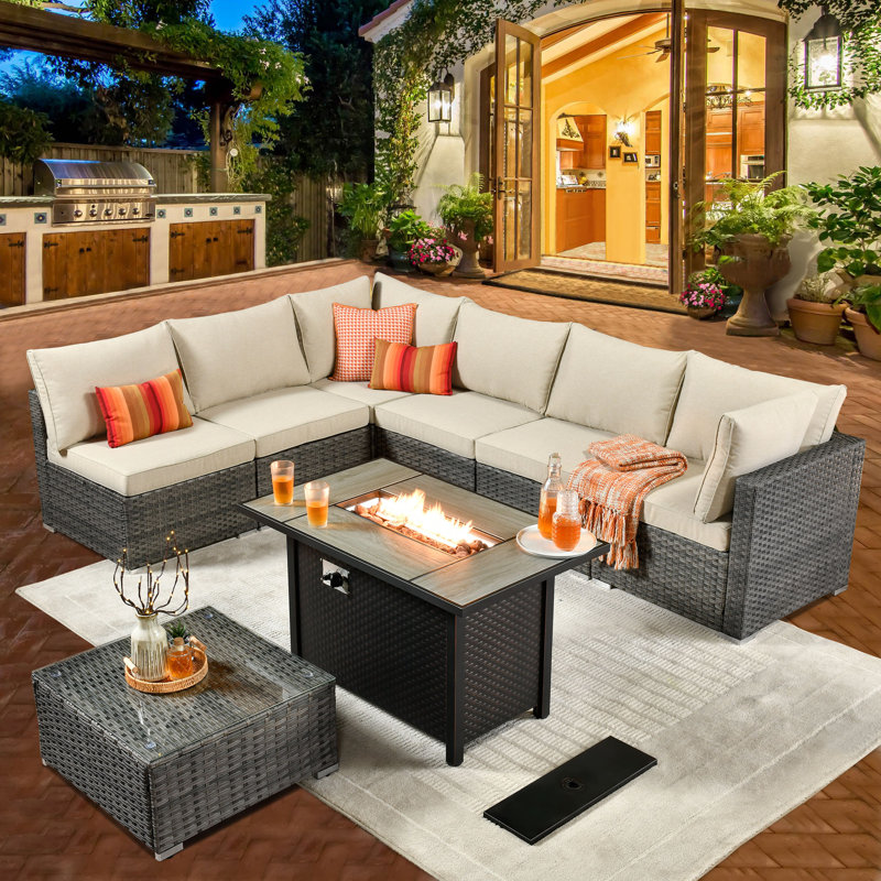 Premium All-Weather Wicker 6 - Person Patio Conversation Set with Cushions, Beige