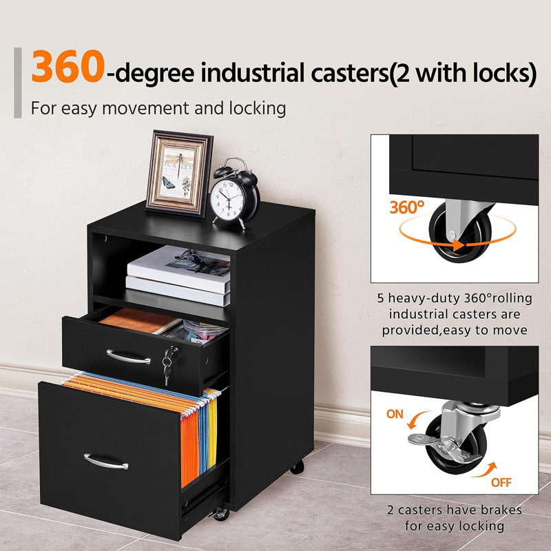 Vertical File Cabinet With 2 Drawers And Open Shelf, Lockable Wheels, Printer Stand For A4 Letter Size Files, Ideal For Home Office Use