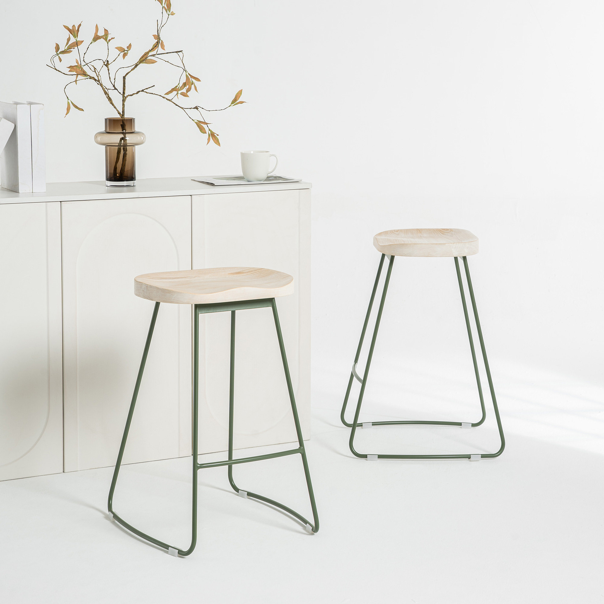 Dodger Solid Wood Stool, Beige, Green