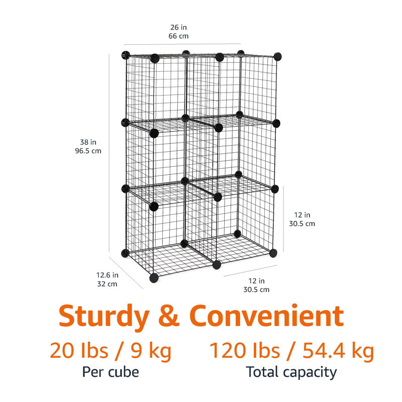 6 Cube Grid Stackable Storage Rack, Stacks Vertically And/Or Horizontally, Black