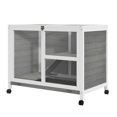 Indoor Rabbit Cage With Wheels - Desk & Side Table Sized, Grey. Waterproof Wood For 1 Or 2 Dwarf Rabbits. 36"x21"x28.75". Secure Locking System Grey Shelter Variable Elements Compact,