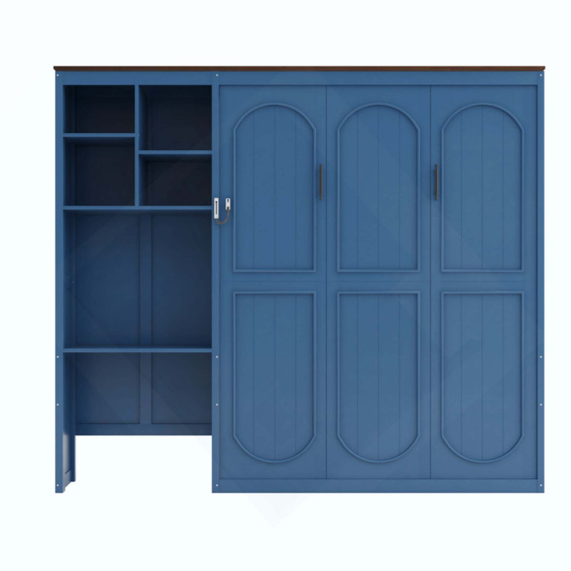 Lit escamotable avec bureau intégré et armoire de rangement à étages, Bleu