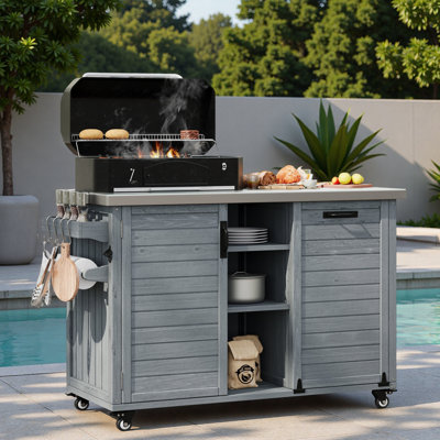 Outdoor Kitchen Island With Foldable Grill Table, Trash Can Storag, Stainless Steel Top, Large Storage Cabinet And Open Shelves