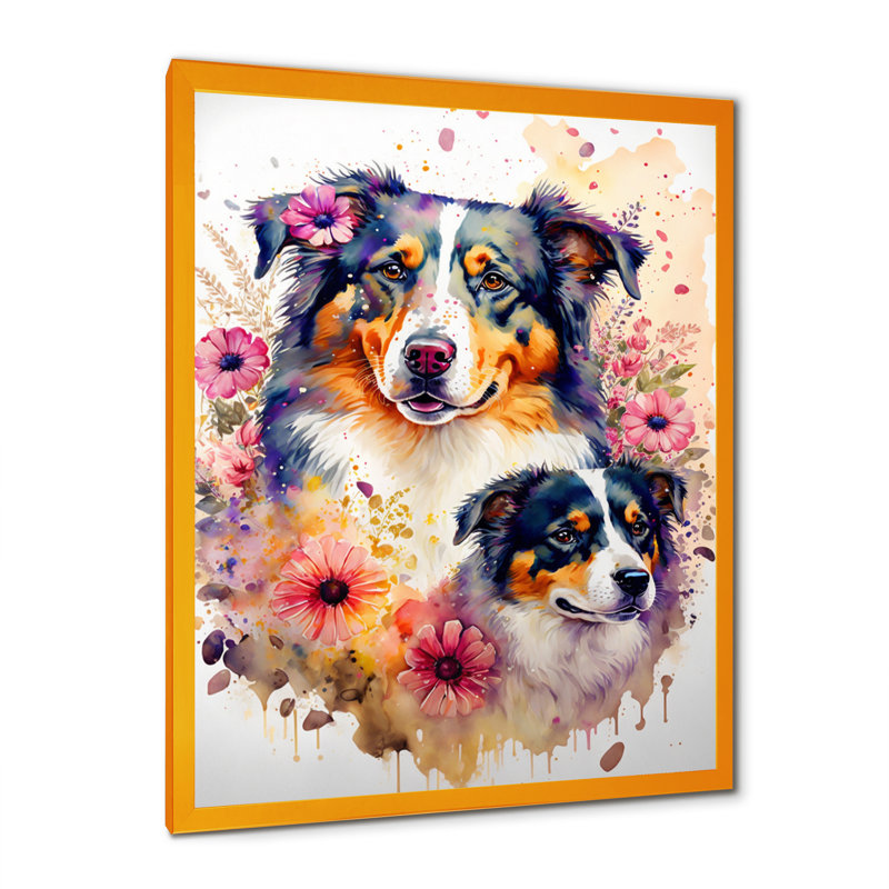 Mignon berger australien floral I - Peinture sur toile, H 20 po x l 12 po x P 1 po, Encadrement doré