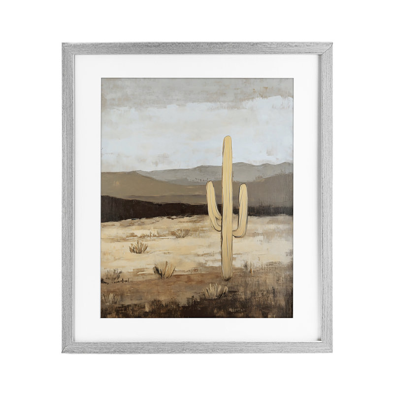 Scène occidentale neutre avec impression de cactus encadrée sous verre, design par Franklyn Gregory, Cadre de ferme gris