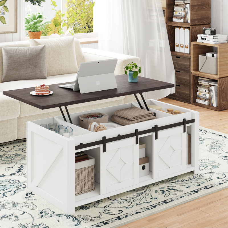 Farmhouse Lift Top Coffee Table With Storage & Sliding Barn Doors