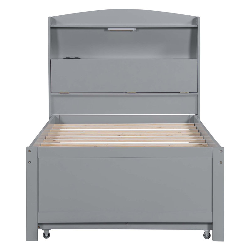 Wooden LED Platform Bed with Trundle, Grey, Twin